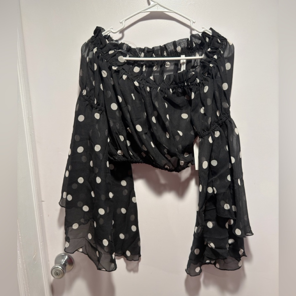 Black Polka Dot Off-Shoulder Top Sheer